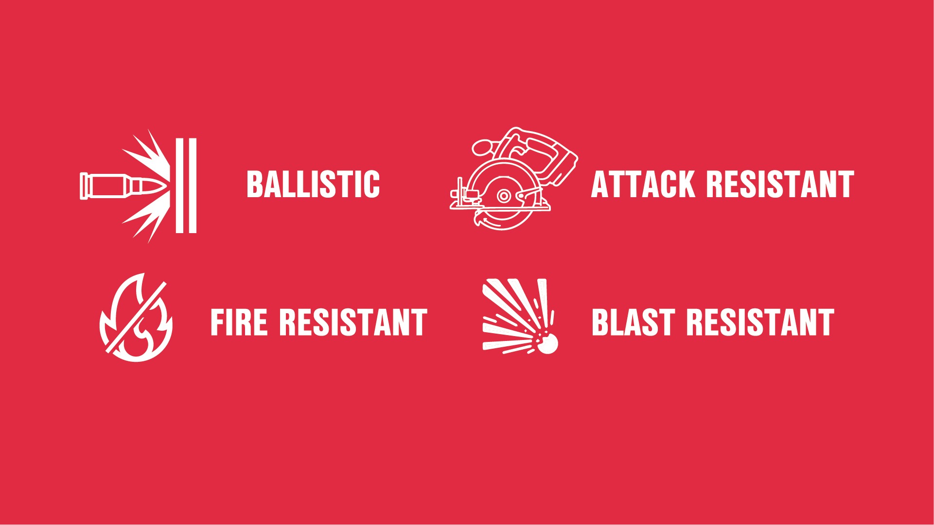 Icons representing ballistic, attack, fire, and blast resistance on a red background.