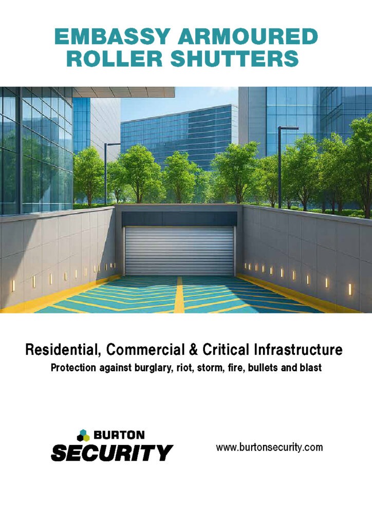 Burton Security promotional cover showing Embassy Armoured Roller Shutter protecting an underground facility entrance.