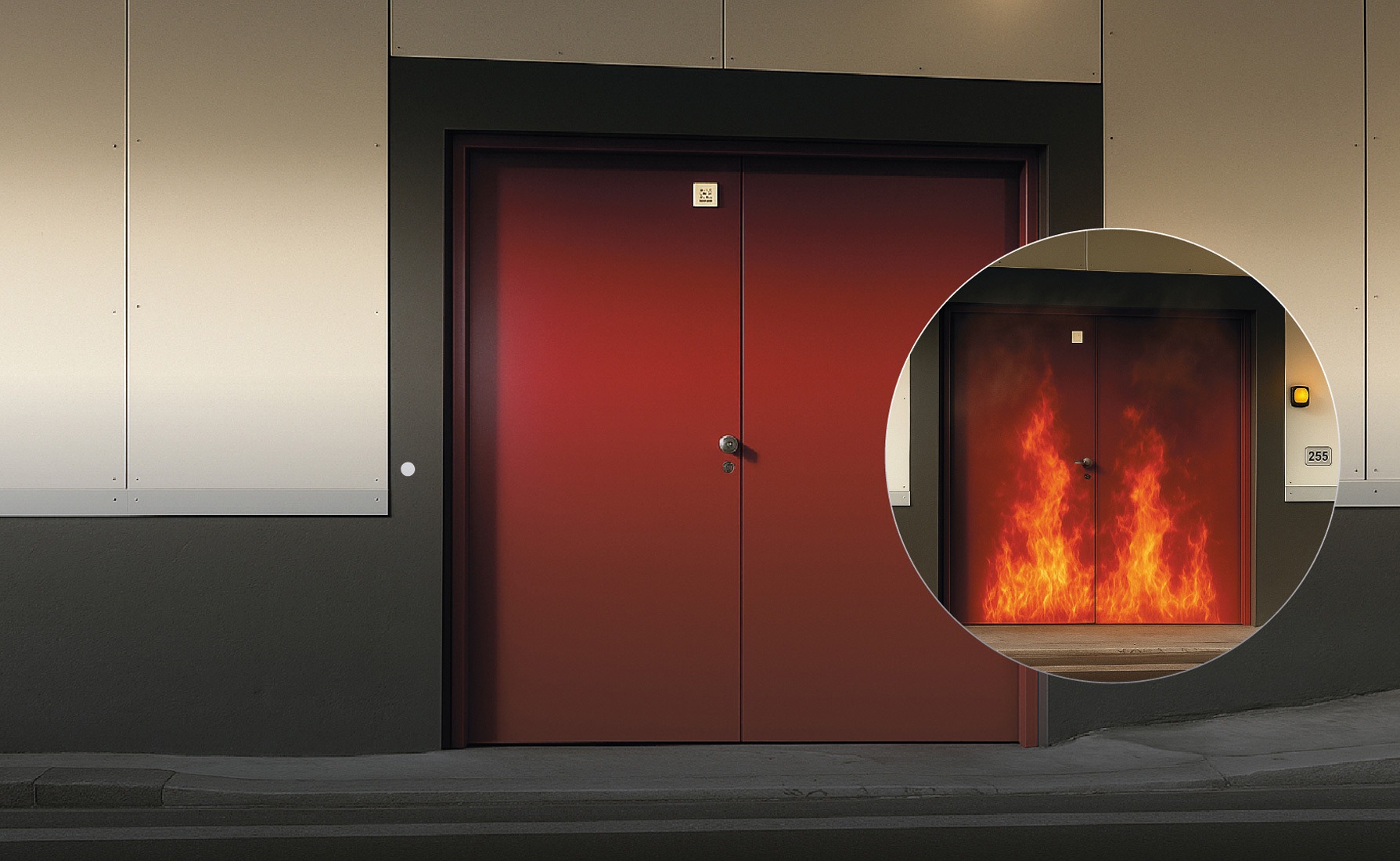 Red industrial fire-rated door with inset detail showing the door resisting intense flames.