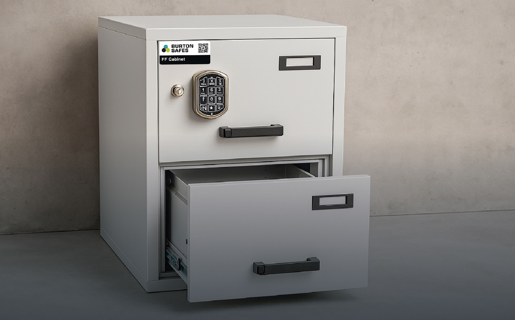 Fire-resistant filing cabinet with an open drawer and electronic keypad lock, branded Burton Safes.
