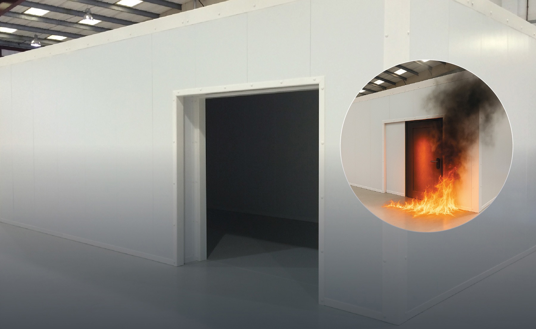 Modular fire-rated room with inset showing fire-resistant door exposed to intense flames and smoke.