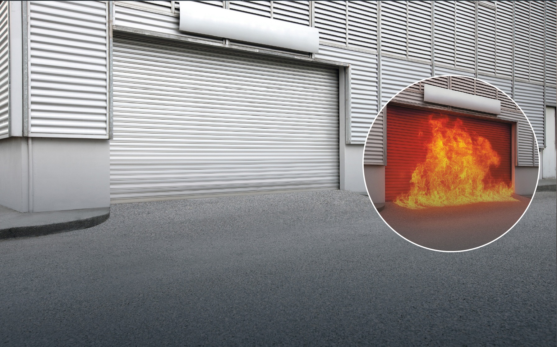 Industrial fire-rated shutter in closed position, with inset showing resistance to intense fire and flames