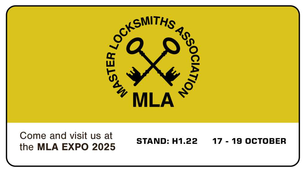 Promotional banner for the Master Locksmiths Association (MLA) Expo 2025, featuring the MLA logo with crossed keys, event details, and stand information.