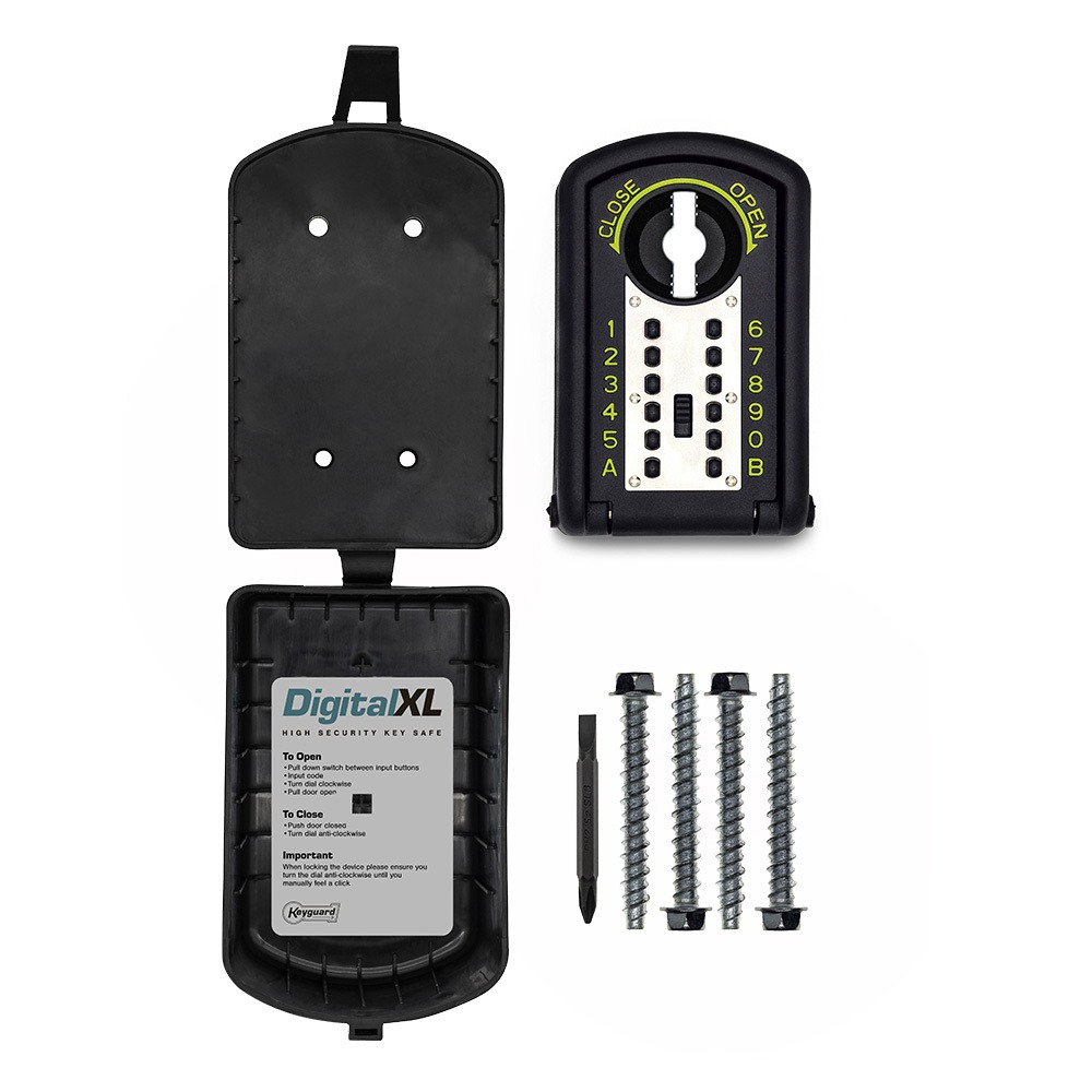 Keyguard Digital XL key safe with cover, keypad unit, fixing screws, drill bit, and installation guide included in the box.