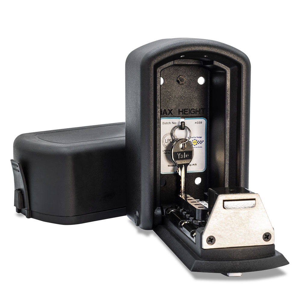 Keyguard Digital XL key safe with open cover showing internal key hook and security code system.