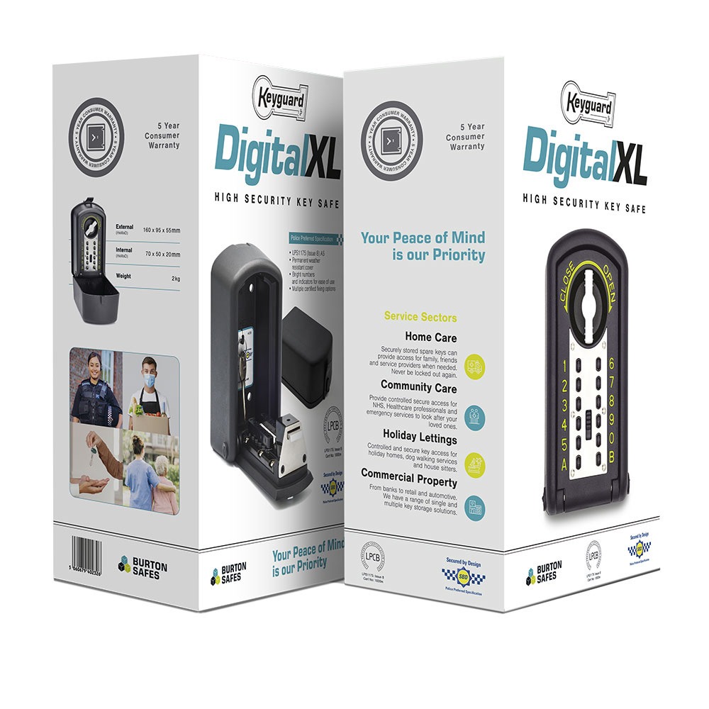 Keyguard Digital XL high-security key safe retail packaging showing product features, service sectors, and 5-year consumer warranty.