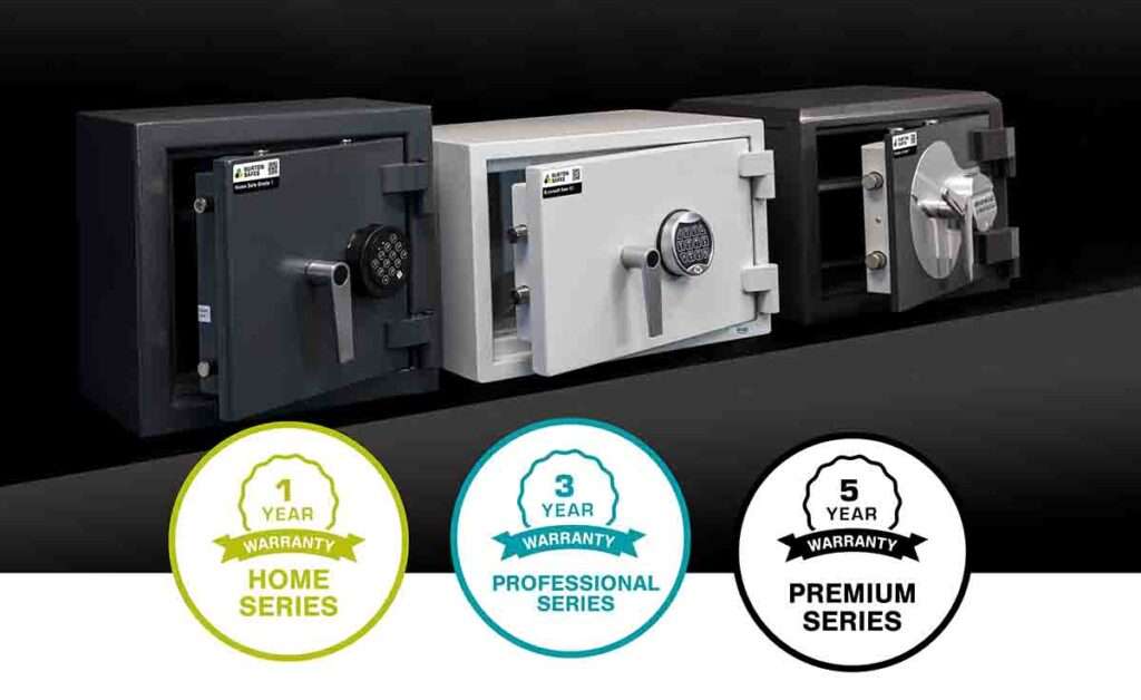 Three different safes from Burton Security’s Home, Professional, and Premium series, with warranty badges for 1, 3, and 5 years respectively.