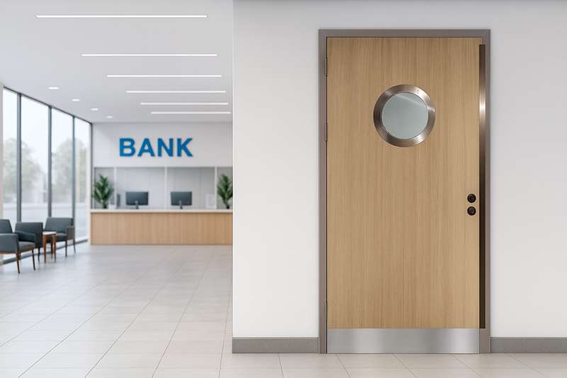 High-security wooden Consular door with circular viewing window inside a modern bank interior.