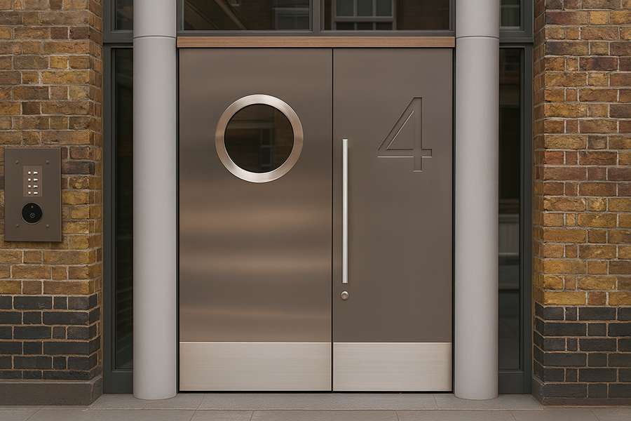 Modern double security doors with a circular window and number 4 design, installed in a brick building entrance.