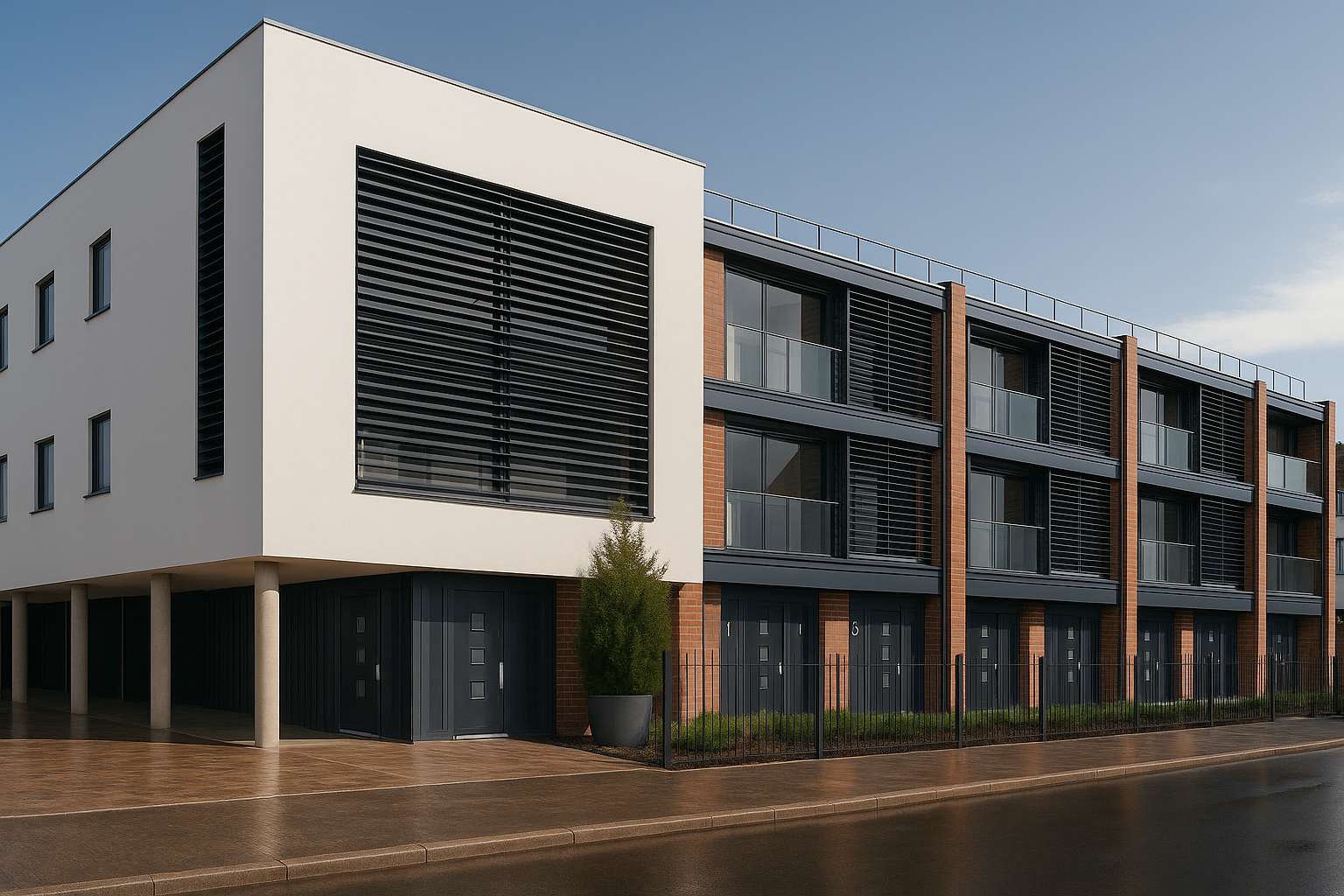 Modern residential building with multiple Vulcan security doors on the ground level, featuring sleek dark finishes and reinforced design