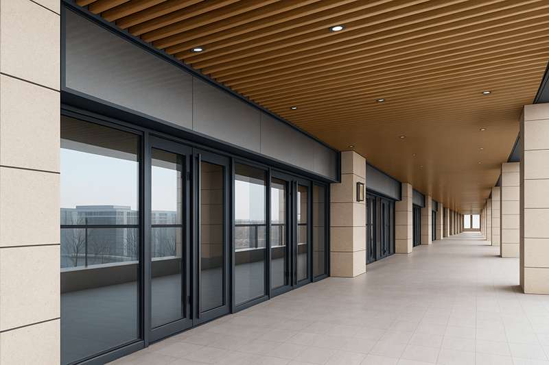 Modern building corridor with floor-to-ceiling glass Vulcan armoured facades framed in aluminium for secure shopfronts and offices.